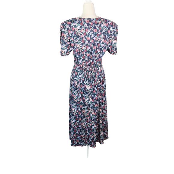 Vintage 80s Paquette Too! Navy Blue and Pink Floral Drop Waist Midi Dress M - Picture 4 of 6